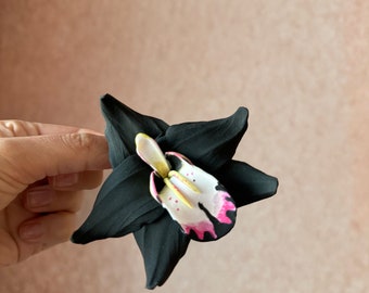 Handmade Black Orchid Hair Clip: Polymer Clay Floral Accessory