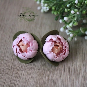 Pink flower earrings, Peony earrings, Polymer clay jewelry. Miniature Plant Earrings. Peony Jewelry, Peony jewelry