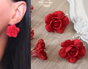 Red Rose Earrings: Handmade Japanese Polymer Clay Floral Earrings