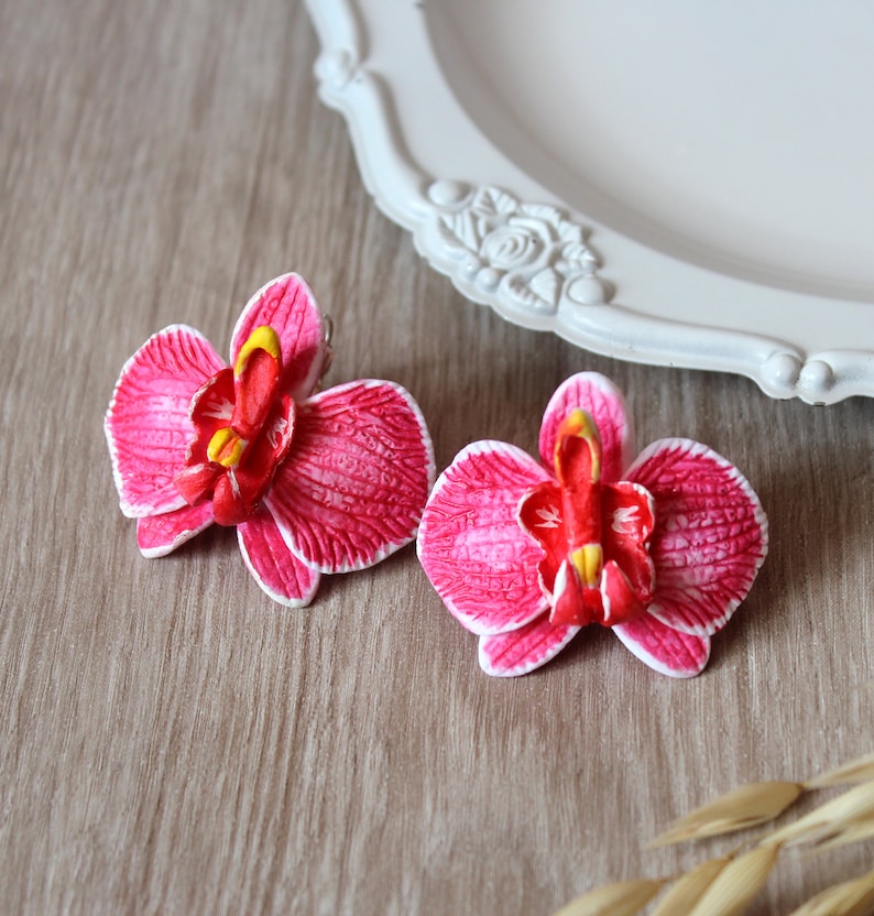 Pink orchid earrings, Pink bride earrings, Flower earrings, bridesmaids orchid, wedding stuff, beach weddings, Pink jewelry, mother day gift image 1