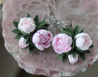 Peony Earrings, Pink Flower Earrings, Polymer Clay Floral Jewelry, Women’s Gift,