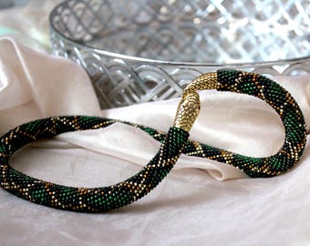 Perlen Schlange Halskette, Handgemachte Grün & Gold Kette, Gehäkelte Perlen Schlange Kette: Grüner Python Schlangen Schmuck