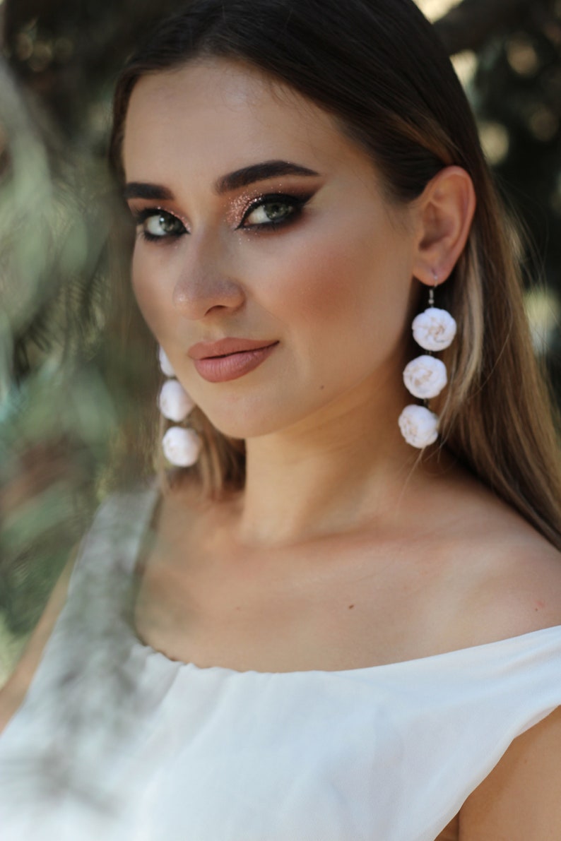 White Flower Earrings Long Earrings Peony Earrings Bridal Etsy