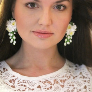 White earrings, Floral Dangle Earrings | Statement Jewelry | Unique Polymer Clay Earrings | Gift for Her
