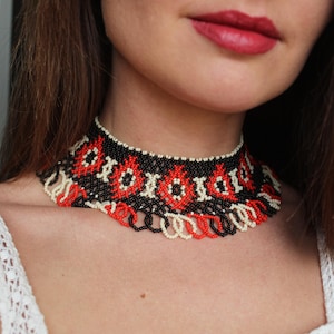 Boho necklace, Ukrainian Beaded Necklace | Handmade Black Red White Beadwork Choker | Slavic Ethnic Jewelry Gift for Her