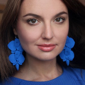 Blue Floral Orchid Earrings: Polymer Clay Tropical Flower Dangles