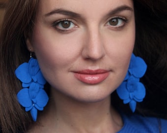 Blue Floral Orchid Earrings: Polymer Clay Tropical Flower Dangles