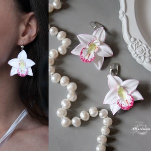 White orchid earrings.  white bridal earrings, flower earrings, bridesmaids orchid, wedding items, beach weddings, long earrings