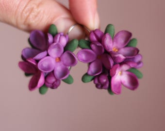 Lilac Flower Earrings - Polymer Clay Floral Jewelry - Unique Spring Gift for Her-Purple earrings