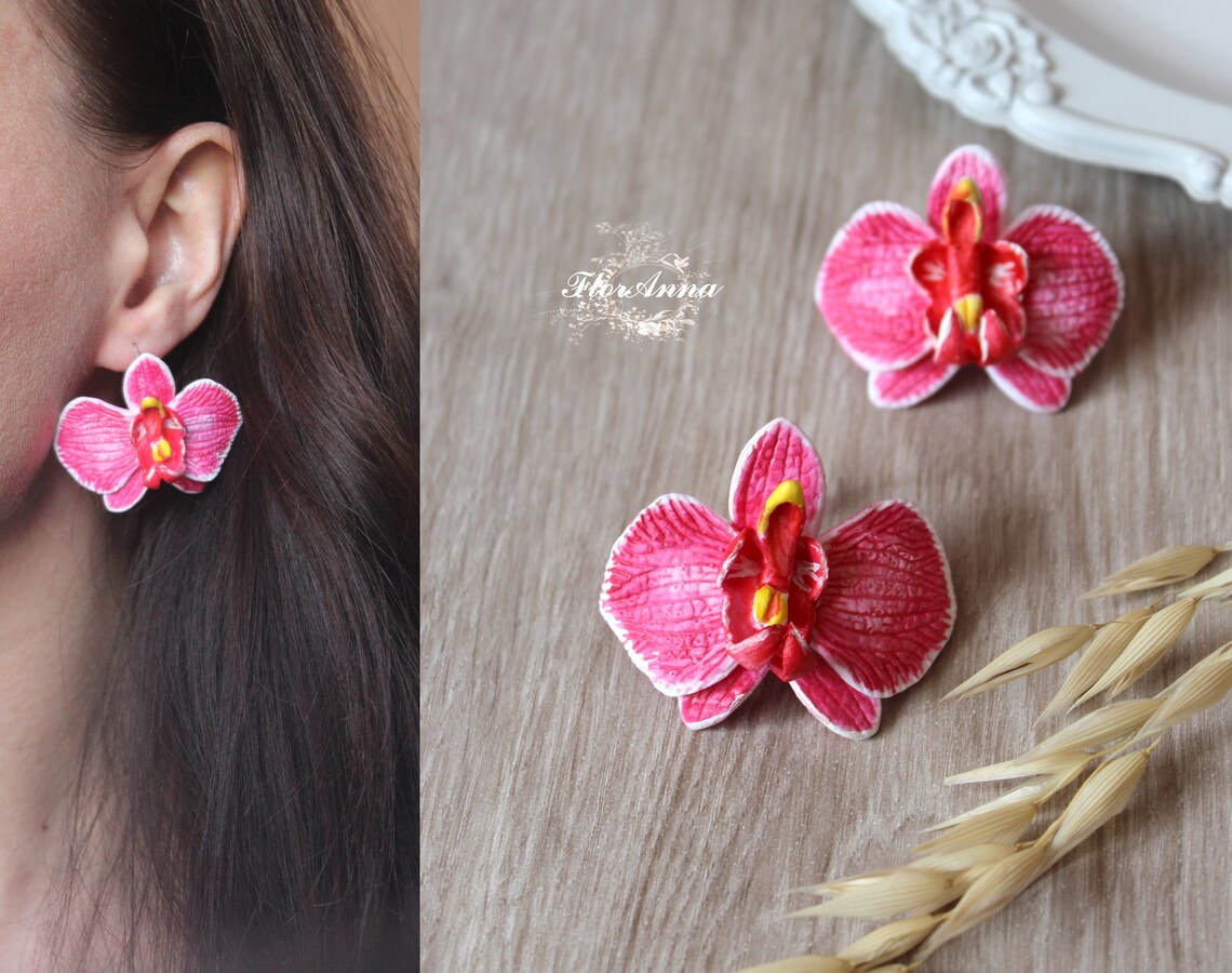 Pink Orchid Earrings Pink Bride Earrings Flower Earrings Etsy