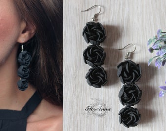 Black flower earrings, Long earrings, Peony earrings