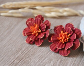 Marigold earrings, Marigold jewelry, Burgundy flower earrings, Floral earrings, Bright earrings, dark red earrings