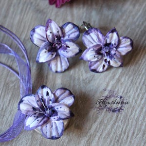 Handmade Purple Floral Jewelry Set: Polymer Clay Flower Earrings & Pendant