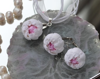 White Pink Peony Earrings and Pendant- Flower Jewelry Set – Romantic Floral Gift for Her
