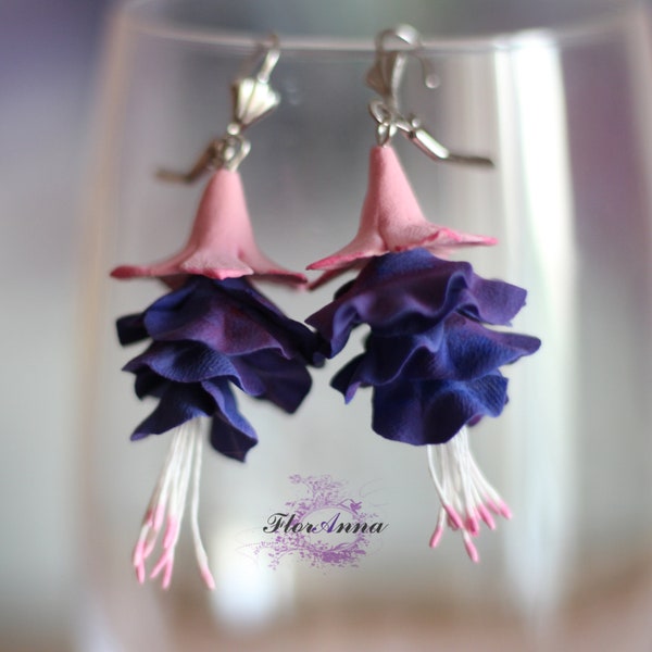 Fuchsia earrings, Purple flower earrings, Dangle fuchsia flower jewelry, Bridal fuchsia gift, gift for her, bright earrings, Pink earrings