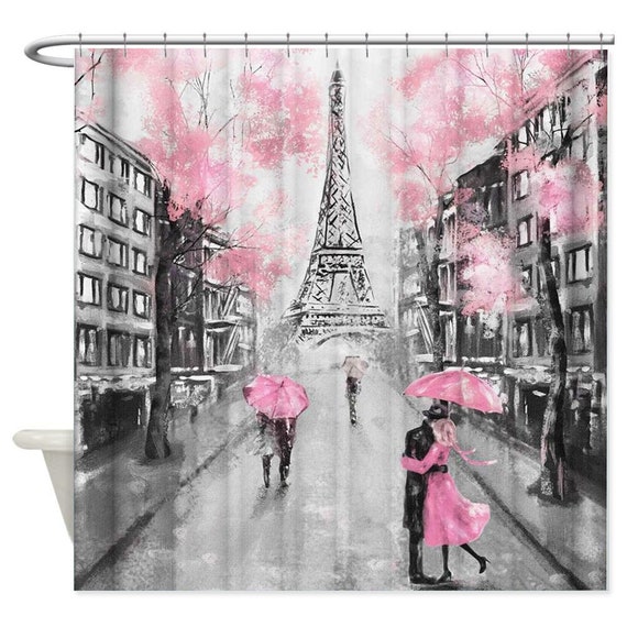 Paris Shower Curtain Eiffel Tower Shower Curtains Pink Etsy