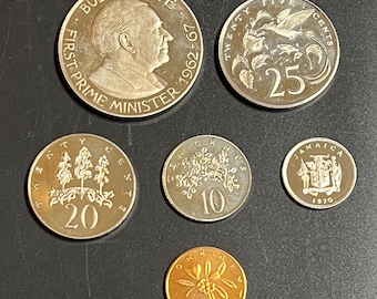 Jamaica Coin Set – Bustamante One Dollar, 25 Cts Hummingbird, Mahoe Tree, Butterfly, Ackee Fruit