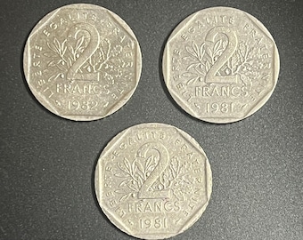 Lot of 3 Vintage France 2 Francs (1981, 1982) - Sower Design - Collectible French Currency