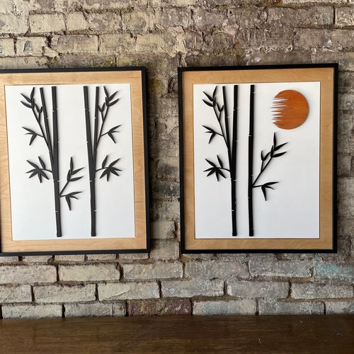 Bamboo Wood Wall Art Modern Black And White Wall Hanging 2 Etsy