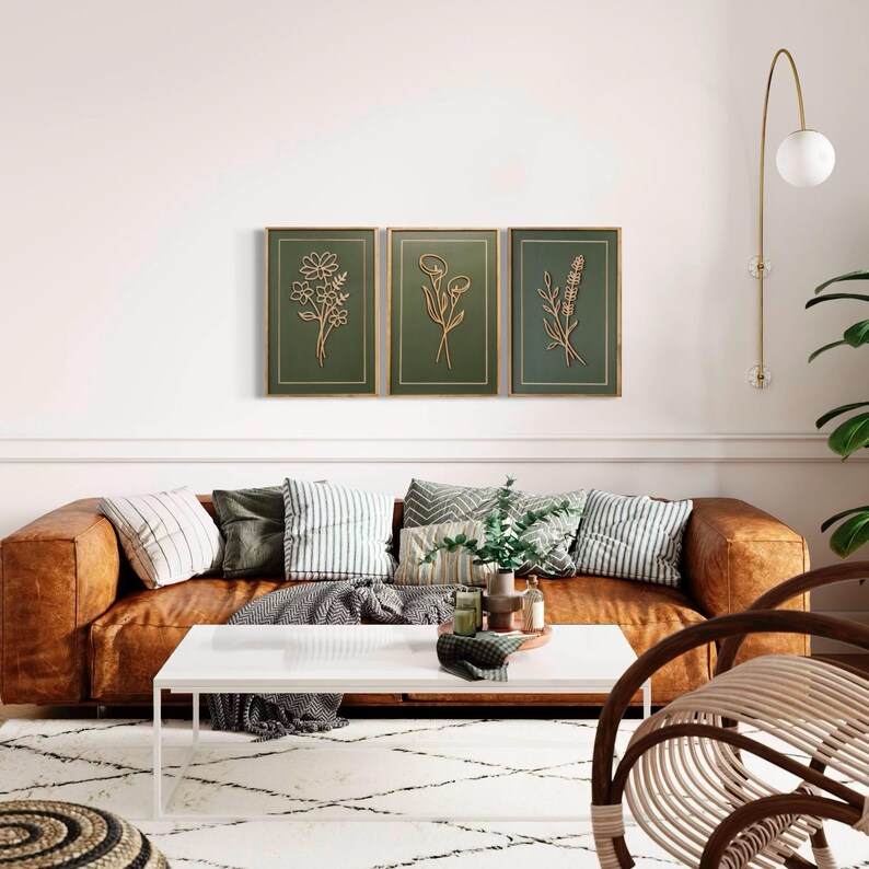 Hand Painted Botanical Wood Wall Art Set of 3 | Framed Floral Wooden ...