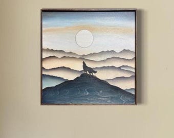 Handmade Layered Wood Wolf Art: Mountain Landscape Wall Decor