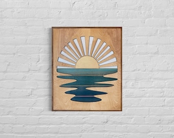 Framed Sunset Wood Wall Art | Boho Ocean Wooden Wall Hanging | Nature Theme Living Room Decor