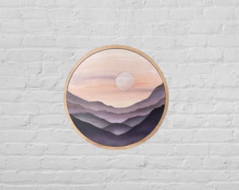 Round Purple Mountain Wood Wall Art | Boho Mountian Wooden Wall Hanging | Circle Art for Gallery Wall