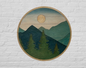 Round Mountain Sun Trees Wood Wall Art | Boho Mountain and Tree Wood Wall Art | Round Wall Art for Living Room