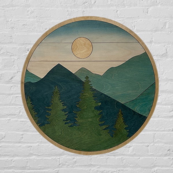 Round Mountain Sun Trees Wood Wall Art | Boho Mountain and Tree Wood Wall Art | Round Wall Art for Living Room