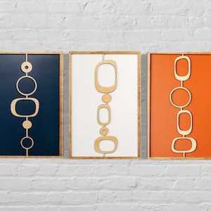 Framed 3-Piece Orange Blue White Mid-Century Modern Atomic Wall Art | Mid Century Modern Wood Wall Art | MCM Wood Wall Art for Home Décor