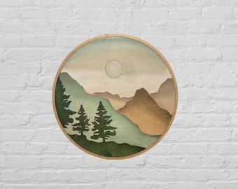 Round Mountain Sun Trees Wood Wall Art | Boho Mountain and Tree Wall Hanging | Minimalistic Living Room Decor