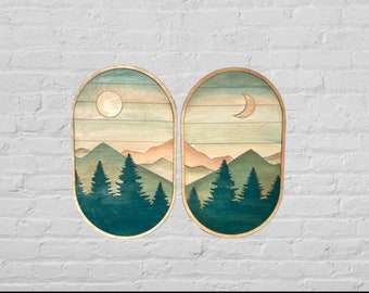 Enchanted Forest: Oval Boho Wood Wall Art | Nature Art Sun and Moon Oval Frame Mountain Wall Art Gallery Set