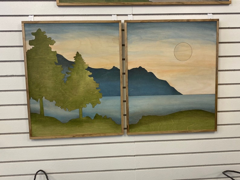 Mountain Wood Wall Art River Landscape Wall Hanging Boho Etsy