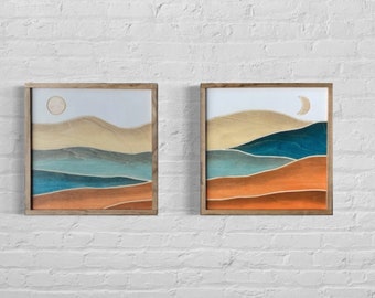 Boho Mountain Wood Wall Art | Boho Sun and Moon 2 Piece Wooden Wall Hanging | Mountain Wall Decor for Nursery