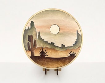 Southwestern Decorative Shelf Art, Desert Artwork with Stand, Round Wood Cactus Art, Boho Wooden Wall Hanging, New Home Gift, Birthday gift