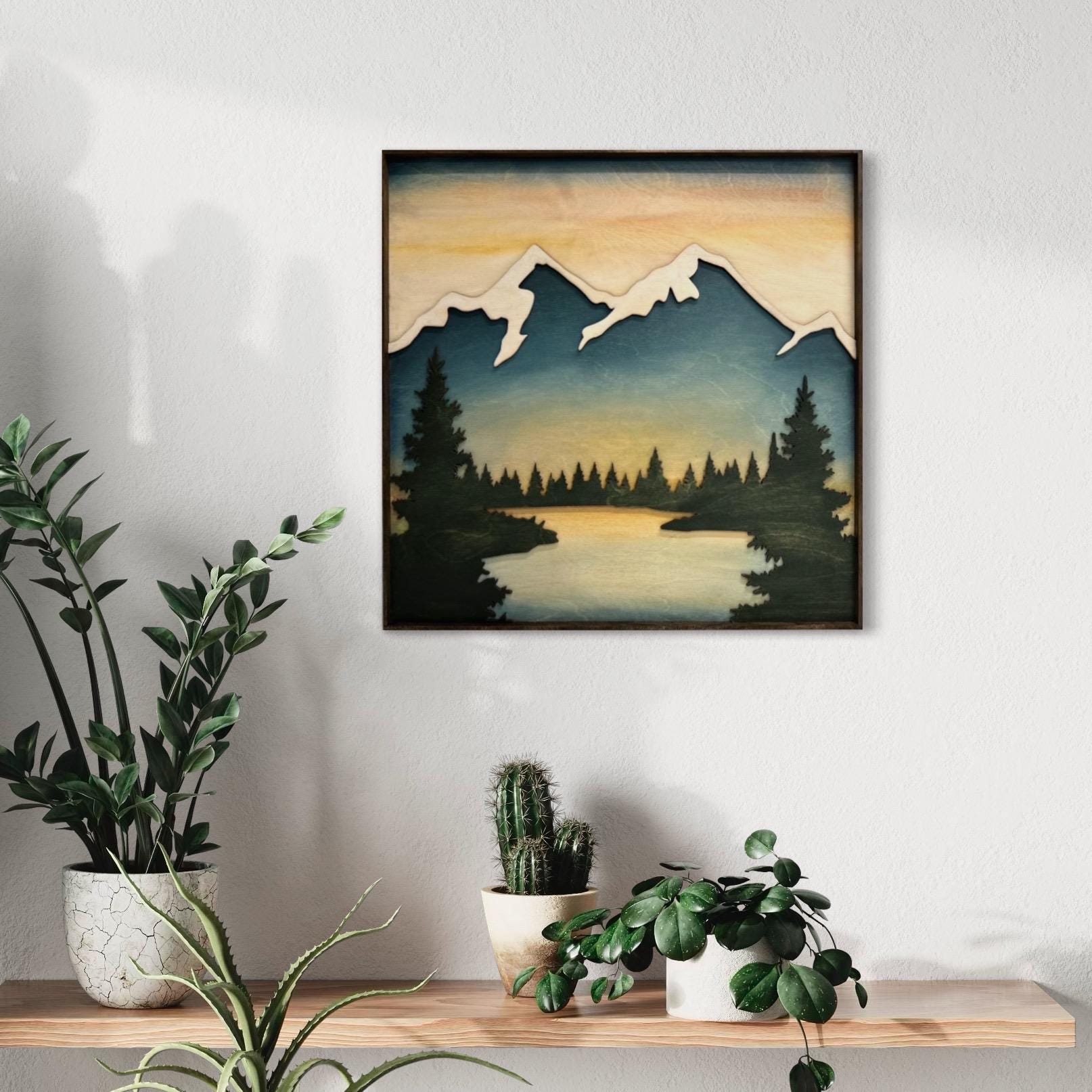 Panoramic Mountain Artwork, Earth Tone Wilderness Art, Layered Wood Lasercut, Wall Art, 5th Anniversary Gift, Wooden Living Room Decor