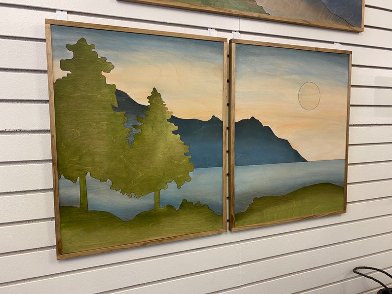 Mountain Wood Wall Art River Landscape Wall Hanging Boho Etsy