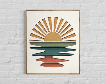 Sunset Sunrise Boho Wood Wall Art | Laser Cut Wall Art | Sunset Framed Wall Hanging