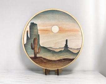 Desert Artwork with Stand, Southwestern Wood Wall Art, Cactus Decorative Shelf Artwork, Circle Collage Art, New Home Gift, Birthday Gift