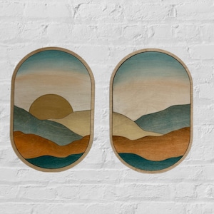 Oval Boho Wood Wall Art | Abstract Mountain Wall Hanging | Modern Landscape Art for Nursery