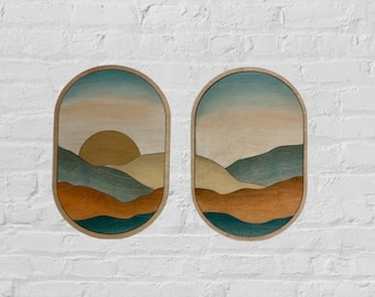 Oval Boho Wood Wall Art | Abstract Mountain Wall Hanging | Modern Landscape Art for Nursery