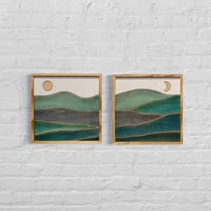 Boho Mountain Wood Wall Art | Blue Boho Sun and Moon 2 Piece Wall Hanging | Home Decor