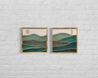 Boho Mountain Wood Wall Art: Sun & Moon Engraved Painting