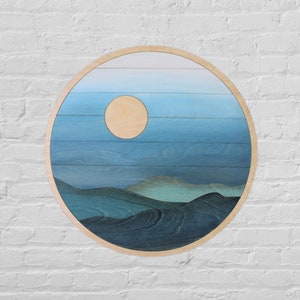 Round Sun Mountain Scene Wood Wall Art | Modern Boho Circle Wall Hanging | Laser Cut Wall Art