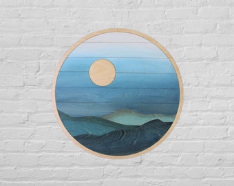 Round Sun Mountain Scene Wood Wall Art | Modern Boho Circle Wall Hanging | Laser Cut Wall Art