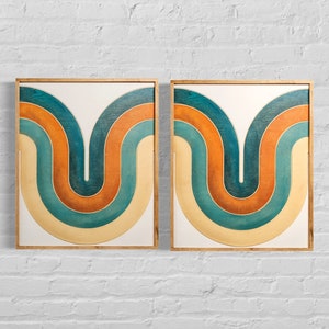 Mid Century Modern Wood Wall Art | Retro Wall Hanging | Wave Pattern Art | Orange Watercolor Art