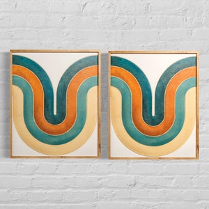 Mid Century Modern Wood Wall Art | Retro Wall Hanging | Wave Pattern Art | Orange Watercolor Art