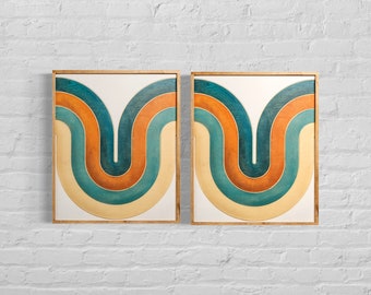 Mid Century Modern Wood Wall Art | Retro Wall Hanging | Wave Pattern Art | Orange Watercolor Art