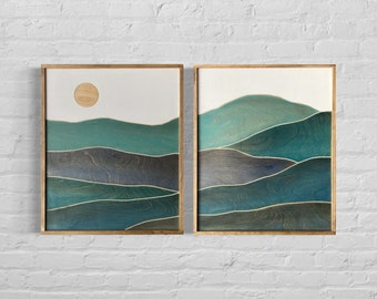 Boho Mountain Wood Wall Art | Mountian Scene Wooden Wall Hanging | 2 piece Wall Decor for Bedroom
