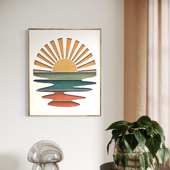 Retro Sunset Layered Wood Art, Joyful MCM artwork, Boho Warm Tone Living Room Décor, Statement 3D Wall Art, First Home Gift